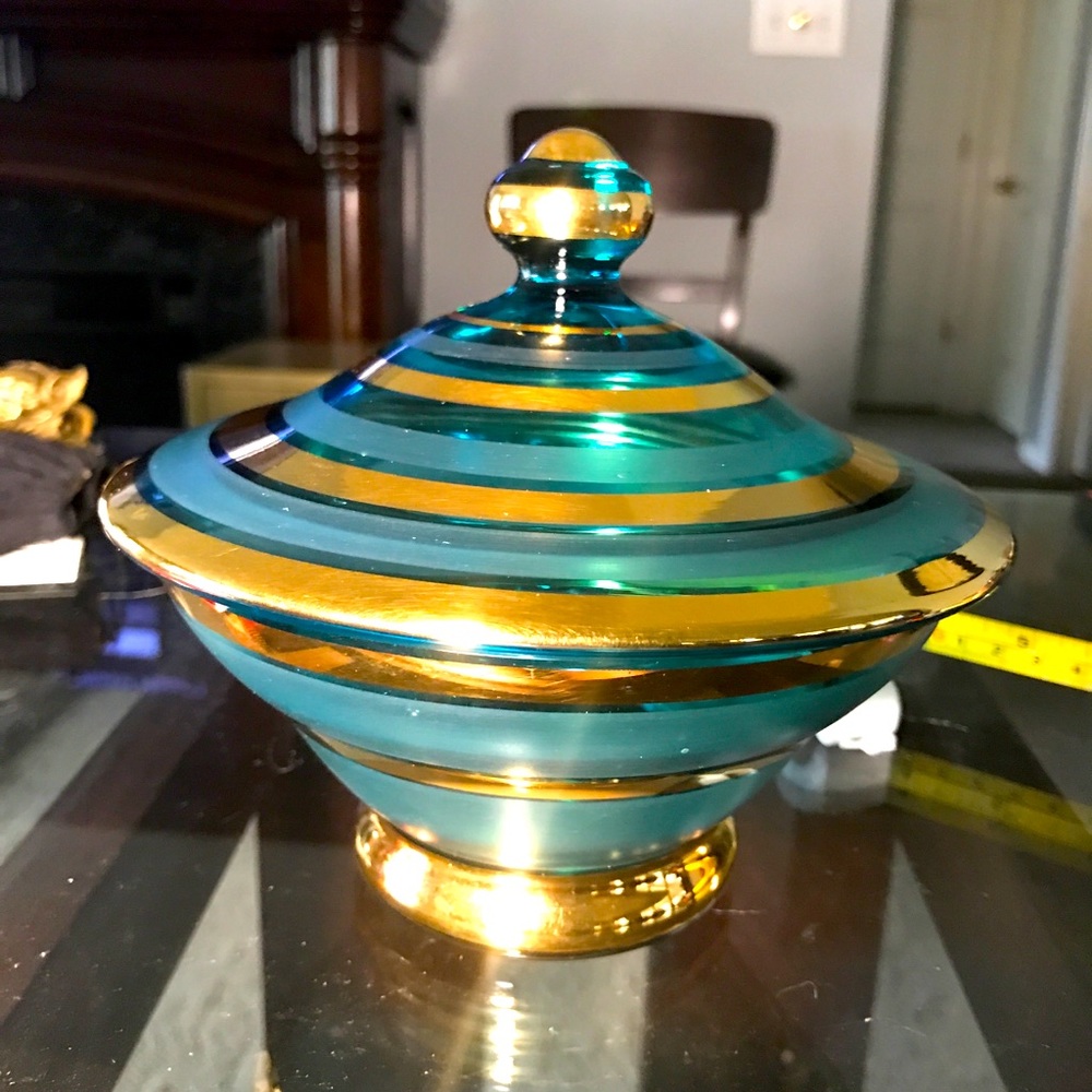Teal gold and frosted white candy dish